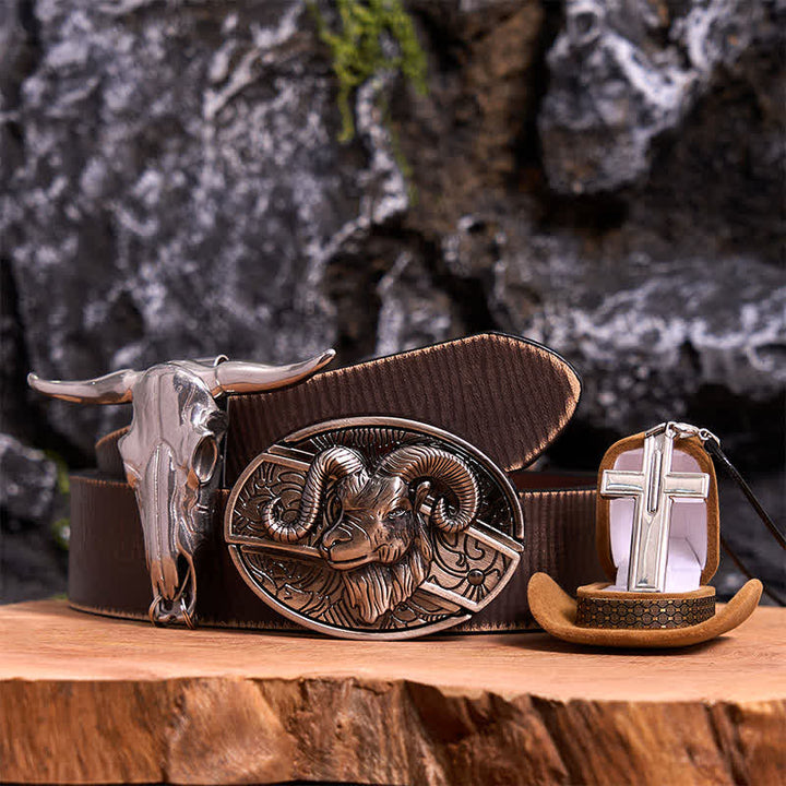 Ensemble de colliers et boucles de ceinture avec pendentif en forme de croix et couteau caché en forme de chèvre - Chèvre - Ceinture marron vieillie - 42 - image 6