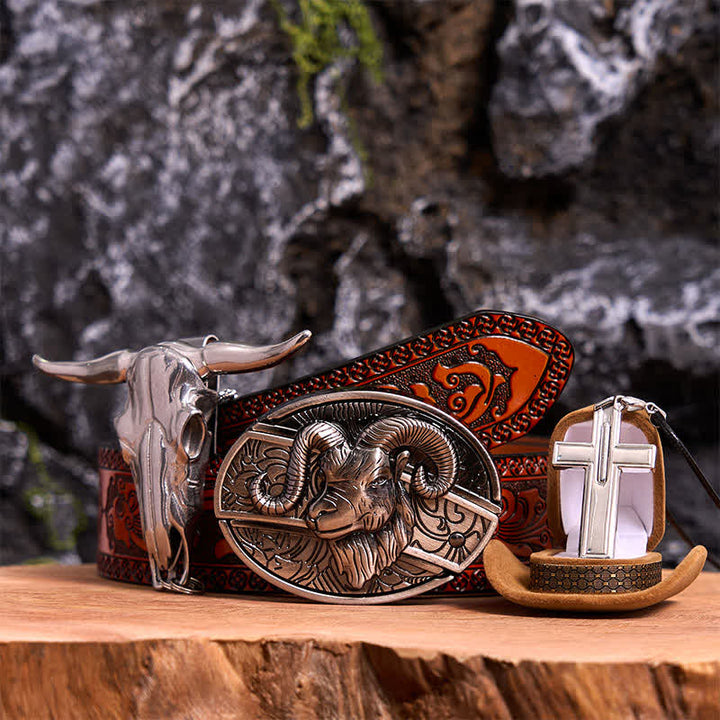 Ensemble de colliers et boucles de ceinture avec pendentif en forme de croix et couteau caché en forme de chèvre - Chèvre - Ceinture sculptée orange - 42 - image 7