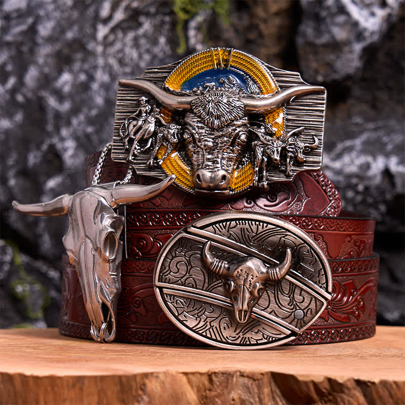 Ensemble de pendentifs et boucles de ceinture à couteau caché à faire soi-même sur le thème du taureau Longhorn - Taureau à longues cornes - Ceinture marron sculptée - 42 - image 7