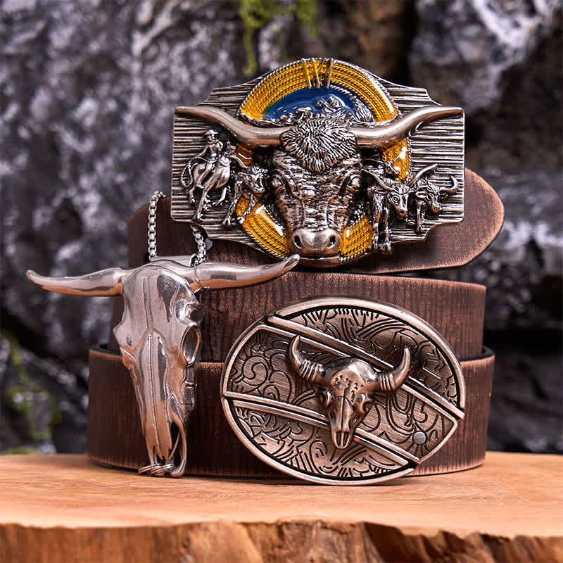 Ensemble de pendentifs et boucles de ceinture à couteau caché à faire soi-même sur le thème du taureau Longhorn - Taureau à longues cornes - Ceinture marron vieillie - 42 - image 6