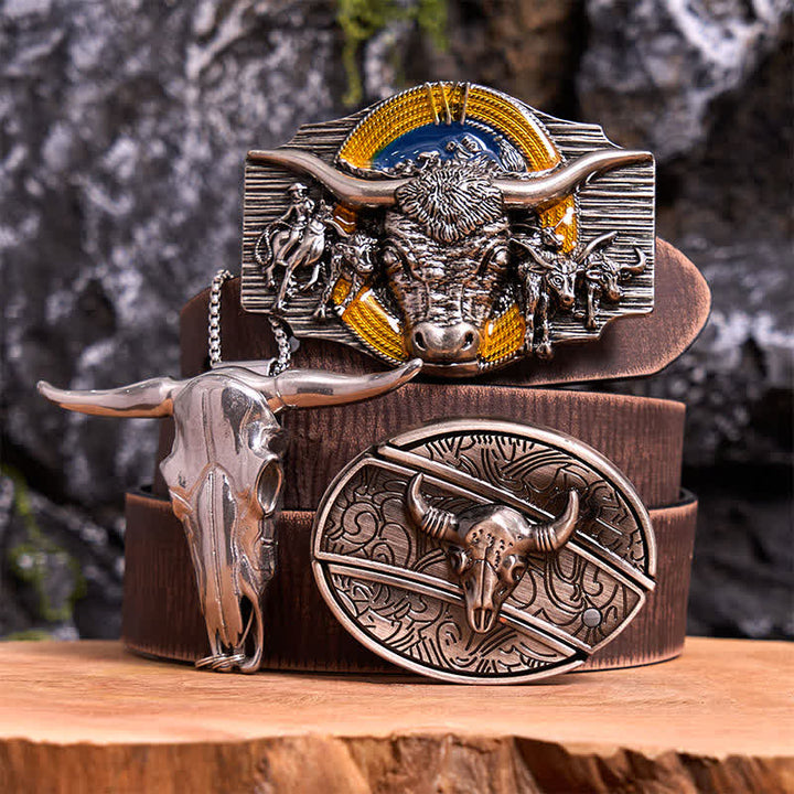Ensemble de pendentifs et boucles de ceinture à couteau caché à faire soi-même sur le thème du taureau Longhorn - Taureau à longues cornes - Ceinture marron vieillie - 42 - image 6
