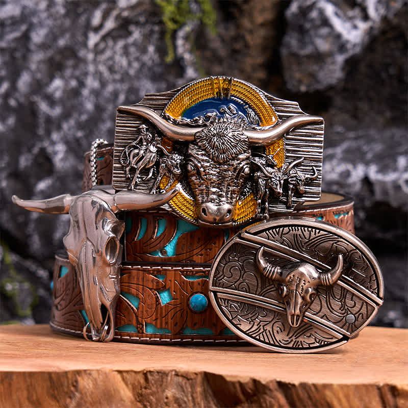 Ensemble de pendentifs et boucles de ceinture à couteau caché à faire soi-même sur le thème du taureau Longhorn - Taureau à longues cornes - Ceinture sculptée en turquoise - 42 - image 0