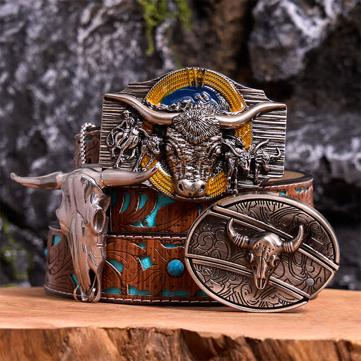 Ensemble de pendentifs et boucles de ceinture à couteau caché à faire soi-même sur le thème du taureau Longhorn - Taureau à longues cornes - Ceinture sculptée en turquoise - 42 - image 0