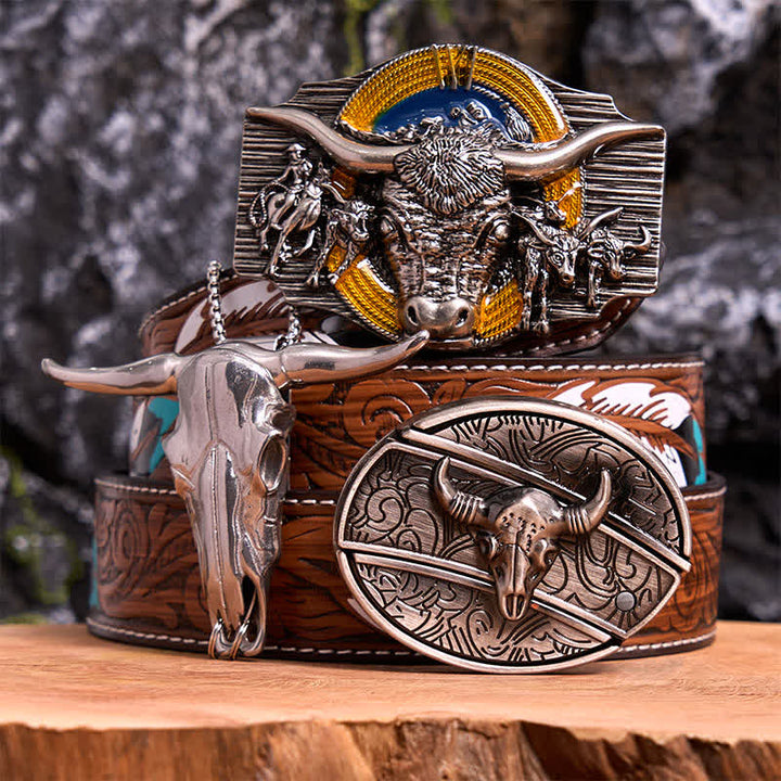 Ensemble de pendentifs et boucles de ceinture à couteau caché à faire soi-même sur le thème du taureau Longhorn - Taureau à longues cornes - Ceinture à plumes marron - 40 - image 8