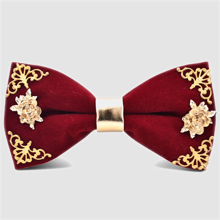Nœud papillon en métal doré bordeaux foncé pour homme avec fleurs et feuilles
