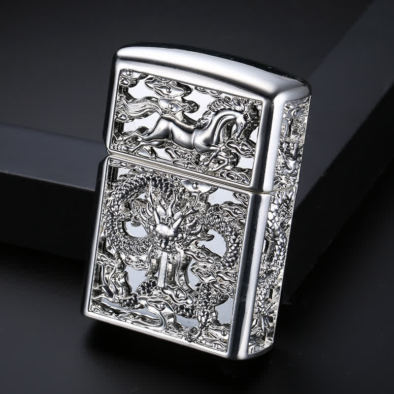 Briquet à kérosène rechargeable en forme de dragon sculpté en 3D en relief - Argent antique - image 6