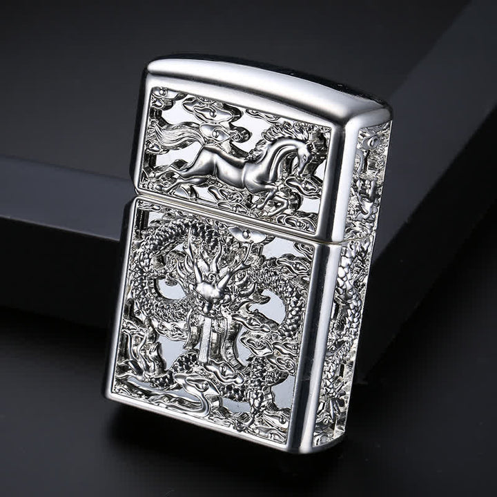 Briquet à kérosène rechargeable en forme de dragon sculpté en 3D en relief - Argent antique - image 6
