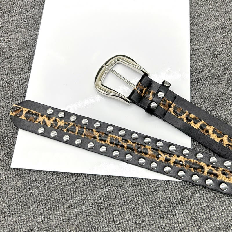 Ceinture en cuir à imprimé léopard et rivets pour femme