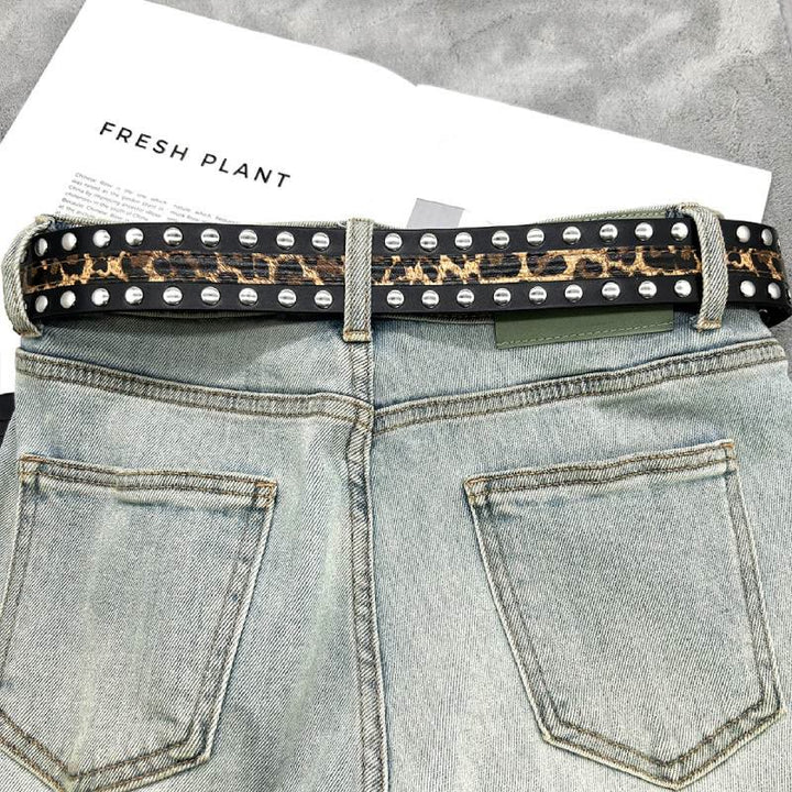 Ceinture en cuir à imprimé léopard et rivets pour femme