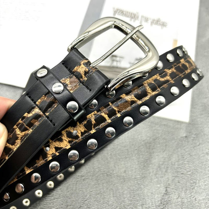 Ceinture en cuir à imprimé léopard et rivets pour femme