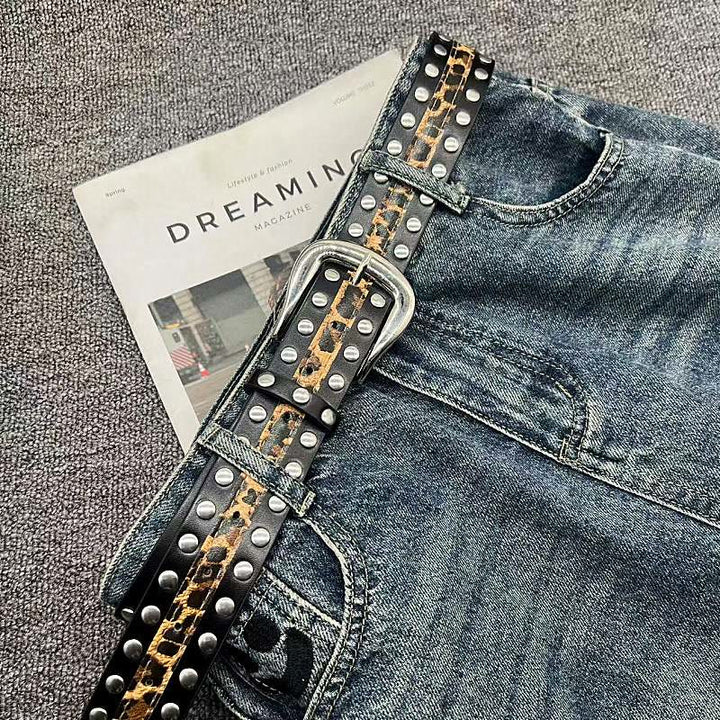 Ceinture en cuir à imprimé léopard et rivets pour femme