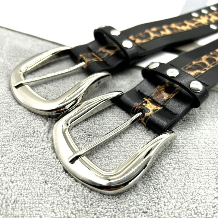 Ceinture en cuir à imprimé léopard et rivets pour femme