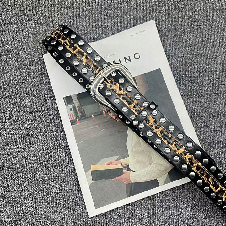 Ceinture en cuir à imprimé léopard et rivets pour femme