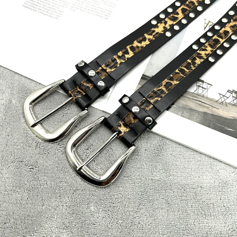 Ceinture en cuir à imprimé léopard et rivets pour femme