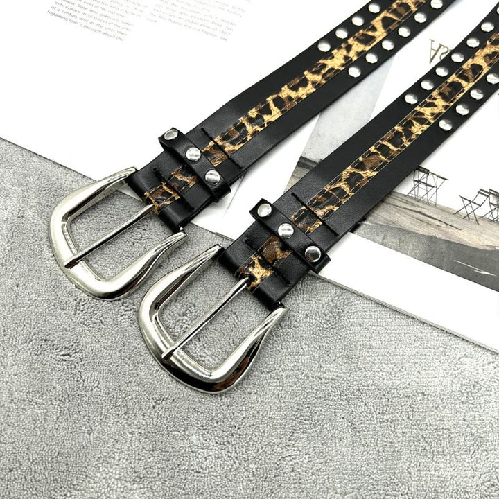 Ceinture en cuir à imprimé léopard et rivets pour femme