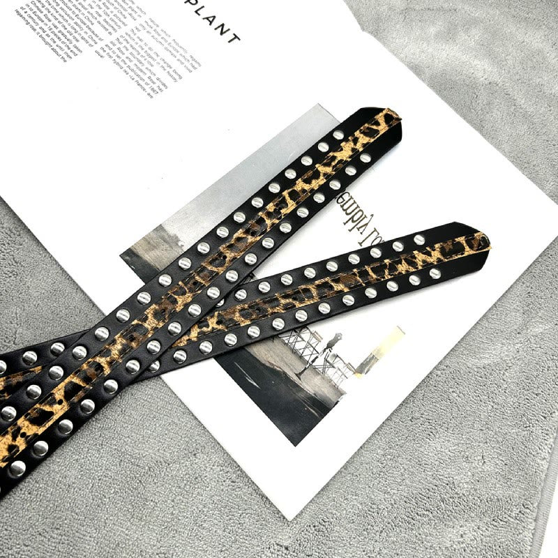 Ceinture en cuir à imprimé léopard et rivets pour femme