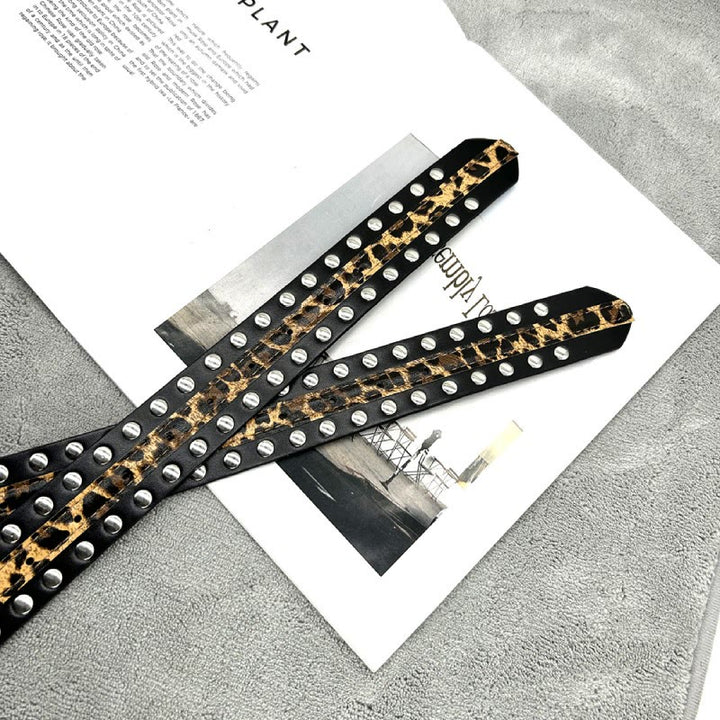 Ceinture en cuir à imprimé léopard et rivets pour femme
