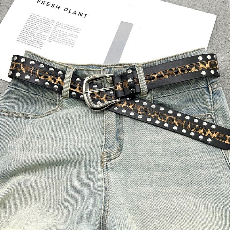 Ceinture en cuir à imprimé léopard et rivets pour femme