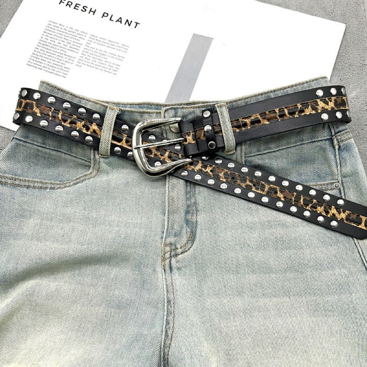 Ceinture en cuir à imprimé léopard et rivets pour femme