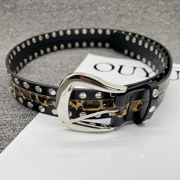 Ceinture en cuir à imprimé léopard et rivets pour femme