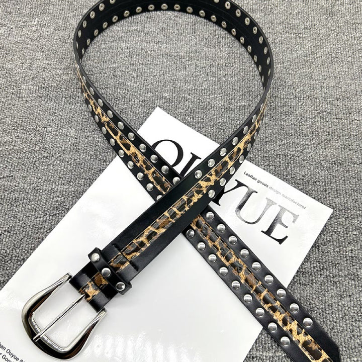 Ceinture en cuir à imprimé léopard et rivets pour femme