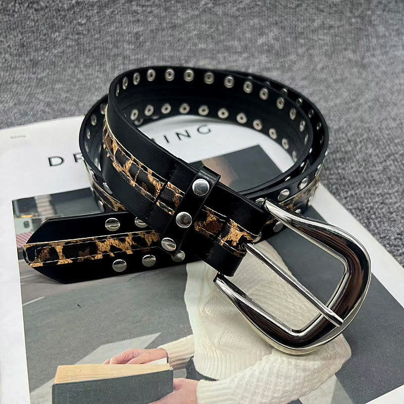 Ceinture en cuir à imprimé léopard et rivets pour femme