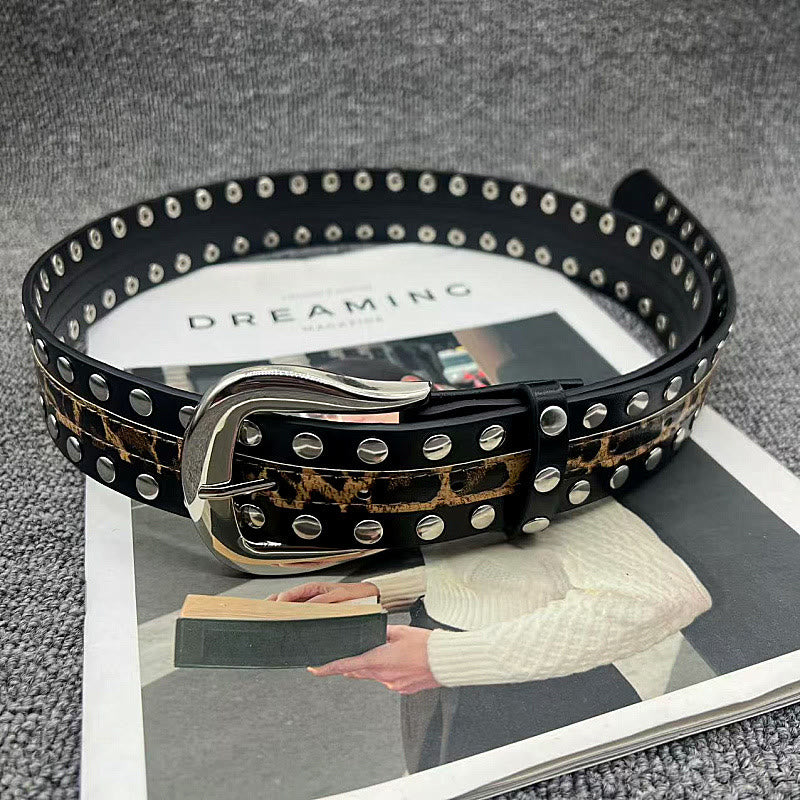 Ceinture en cuir à imprimé léopard et rivets pour femme