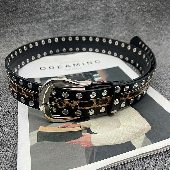 Ceinture en cuir à imprimé léopard et rivets pour femme
