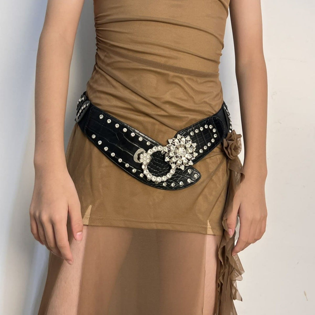 Ceinture large à strass, ceinture corset noire