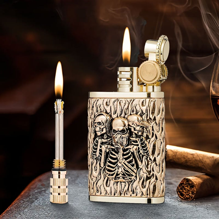 Briquet à kérosène 2 en 1 à allumette permanente, avec roue en pierre et motif tête de mort gravé