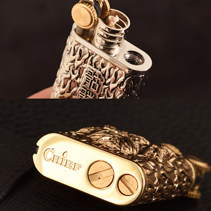 Briquet à kérosène 2 en 1 à allumette permanente, avec roue en pierre et motif tête de mort gravé