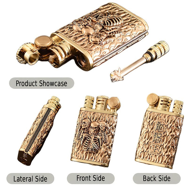 Briquet à kérosène 2 en 1 à allumette permanente, avec roue en pierre et motif tête de mort gravé