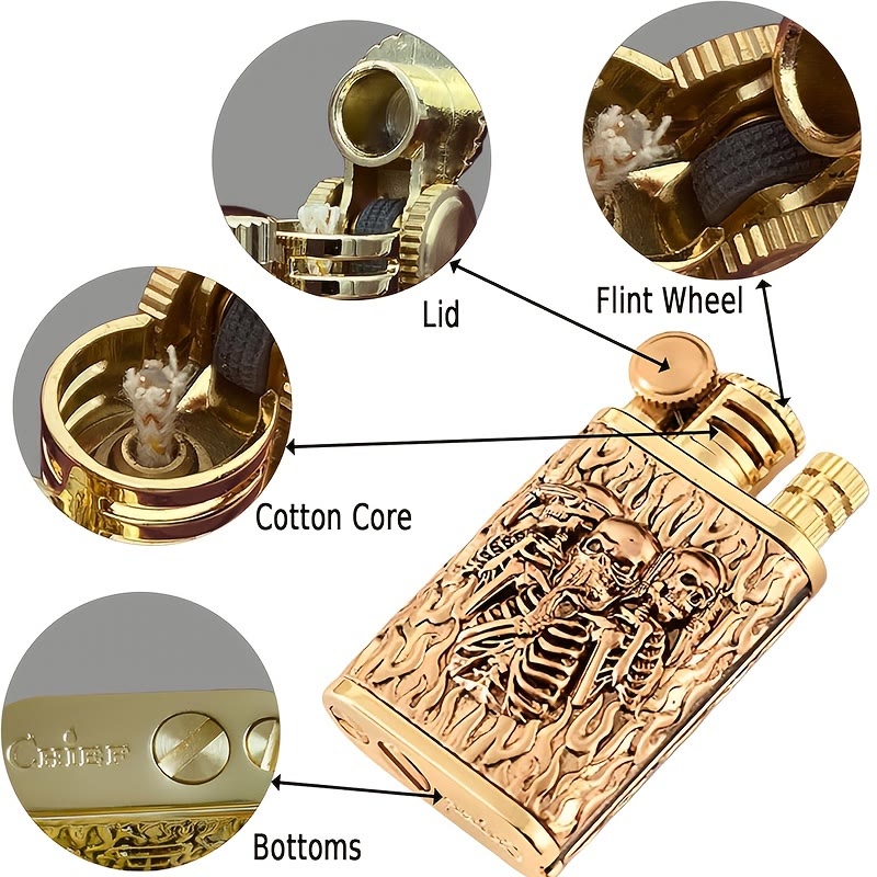 Briquet à kérosène 2 en 1 à allumette permanente, avec roue en pierre et motif tête de mort gravé