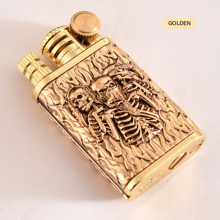 Briquet à kérosène 2 en 1 à allumette permanente, avec roue en pierre et motif tête de mort gravé