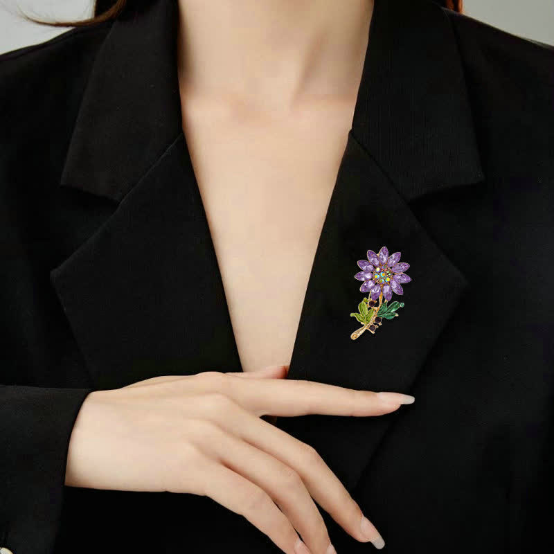 Broche tournesol violette en strass pour femme