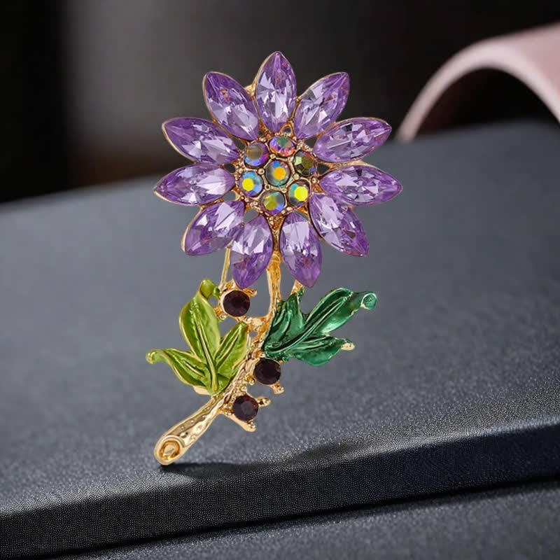 Broche tournesol violette en strass pour femme
