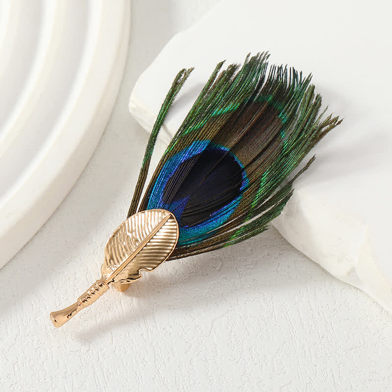 Broche unisexe en plumes artificielles bleu-vert en œil de paon