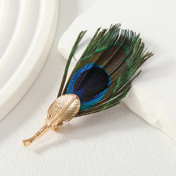 Broche unisexe en plumes artificielles bleu-vert en œil de paon