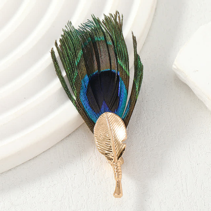 Broche unisexe en plumes artificielles bleu-vert en œil de paon
