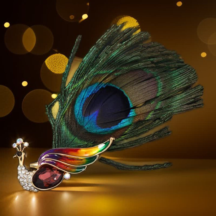 Broche ethnique en cristal avec plumes d'œil de paon pour femme