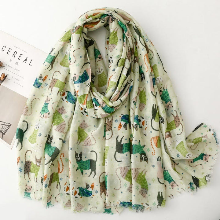 Écharpe fine et légère à imprimé chat et chaton pour femme - Vert - image 10