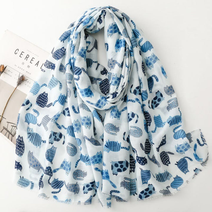 Écharpe fine et légère à imprimé chat mignon pour femme - Bleu - image 6