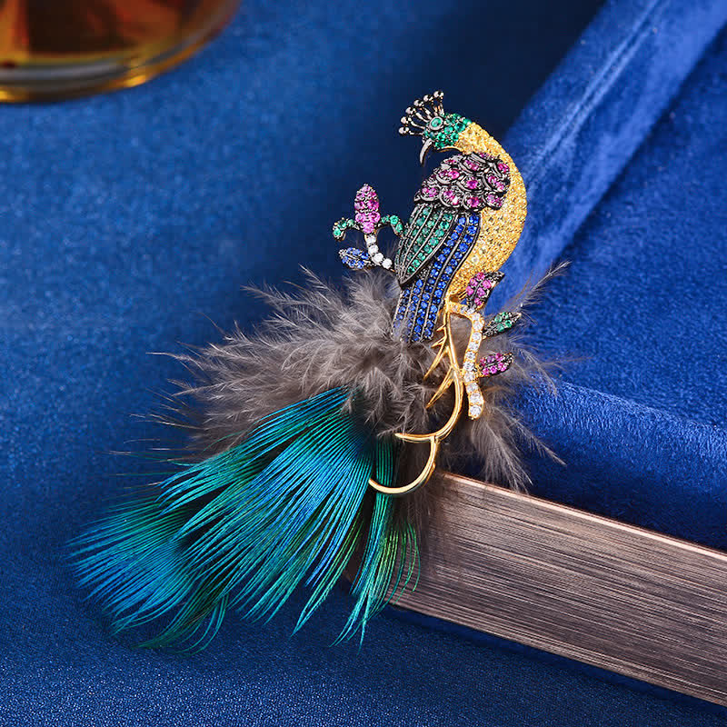 Broche plume de paon en strass pour femme