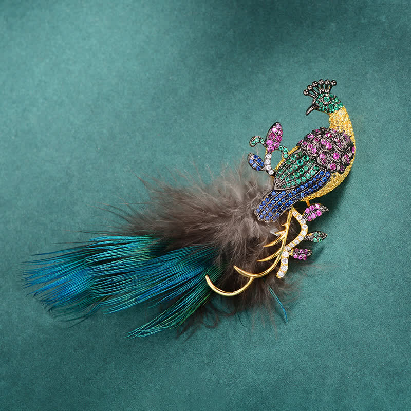 Broche plume de paon en strass pour femme
