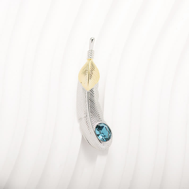 Broche unisexe en forme de plume avec faux cristal bleu