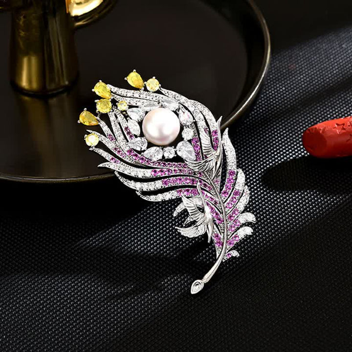 Broche unisexe en forme de plume avec perles et strass roses et jaunes