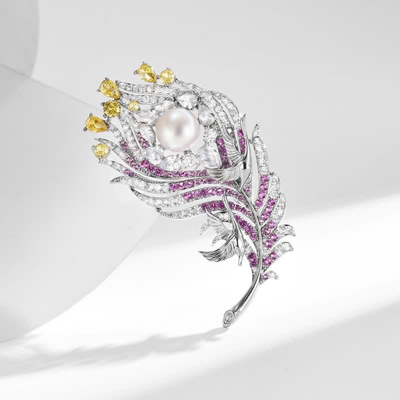 Broche unisexe en forme de plume avec perles et strass roses et jaunes