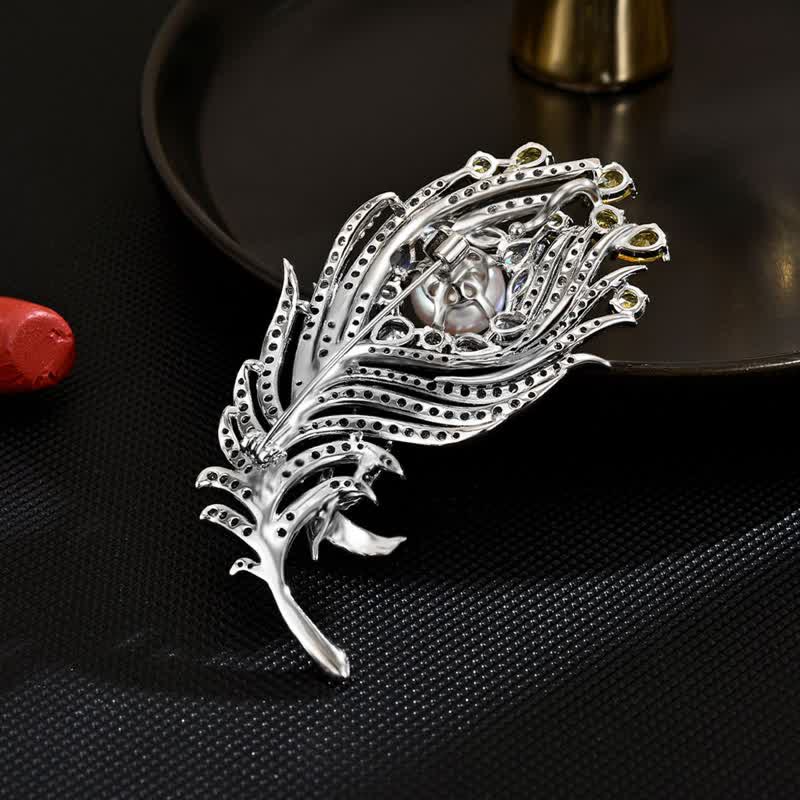 Broche unisexe en forme de plume avec perles et strass roses et jaunes