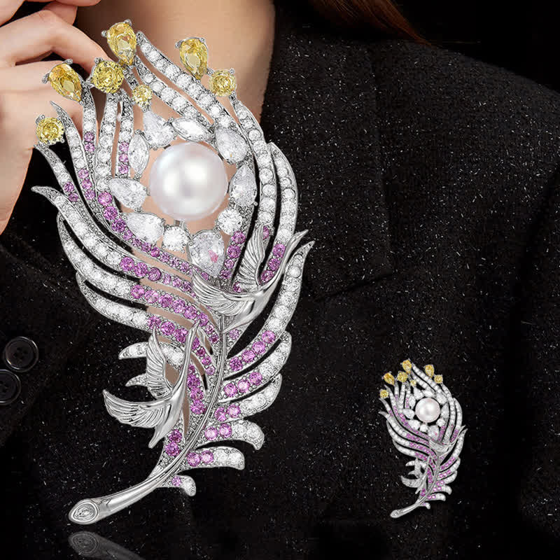 Broche unisexe en forme de plume avec perles et strass roses et jaunes