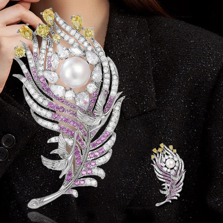 Broche unisexe en forme de plume avec perles et strass roses et jaunes